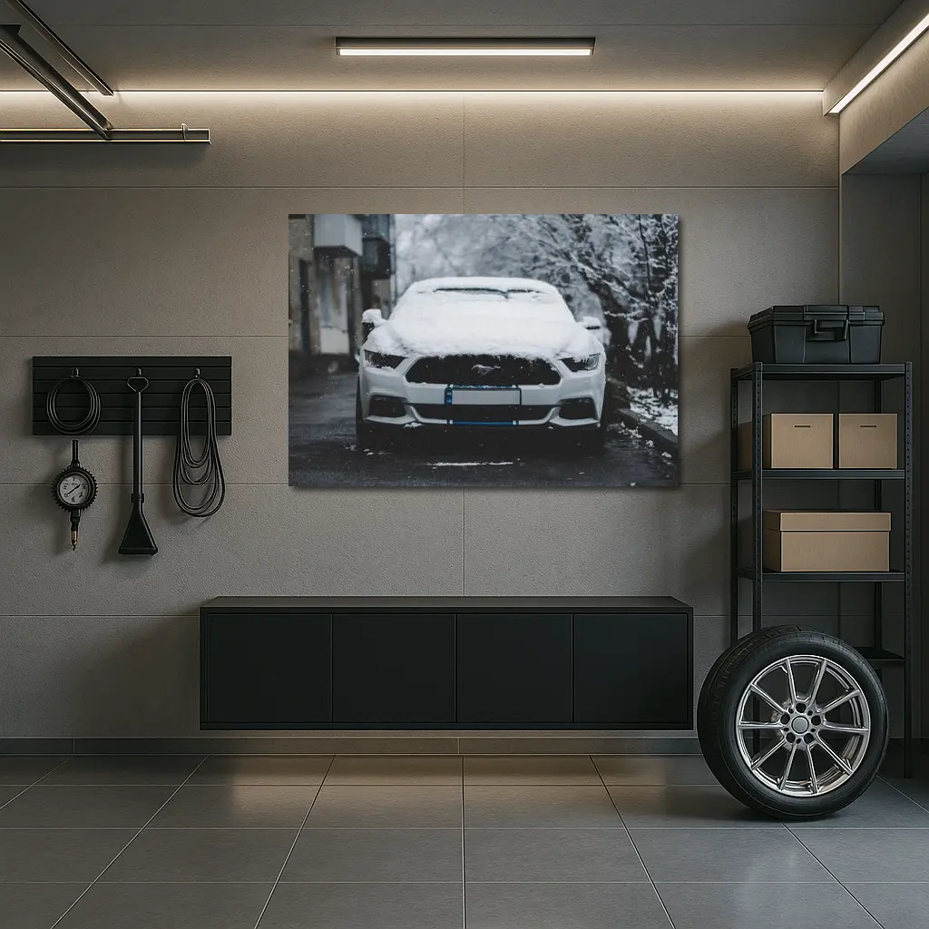 Ford Mustang White Snow Winter Street – Wall Art