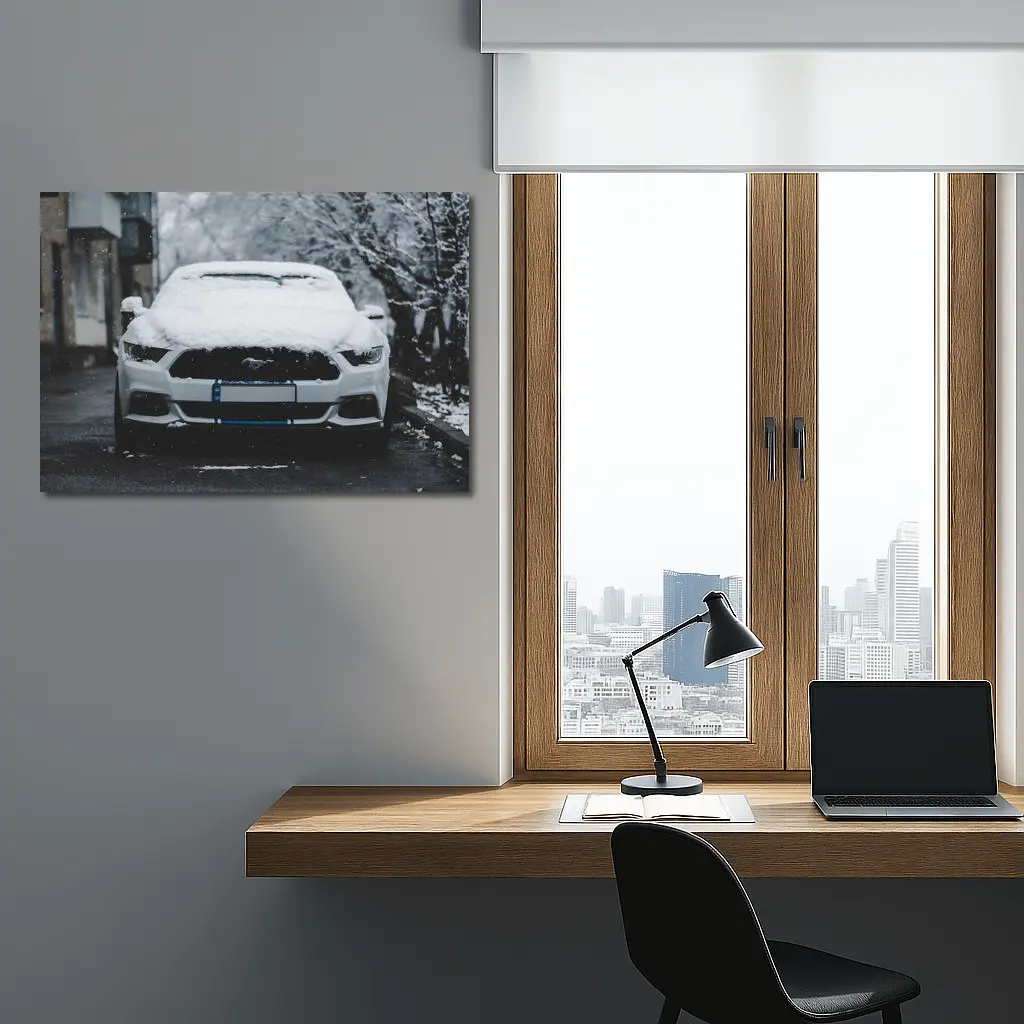Ford Mustang White Snow Winter Street – Wall Art