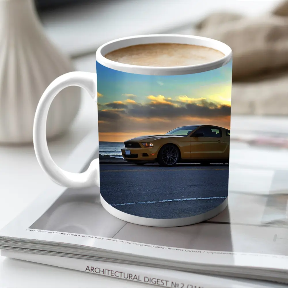 Ford Mustang Gold Coupe Coastal Sunset – Mugs