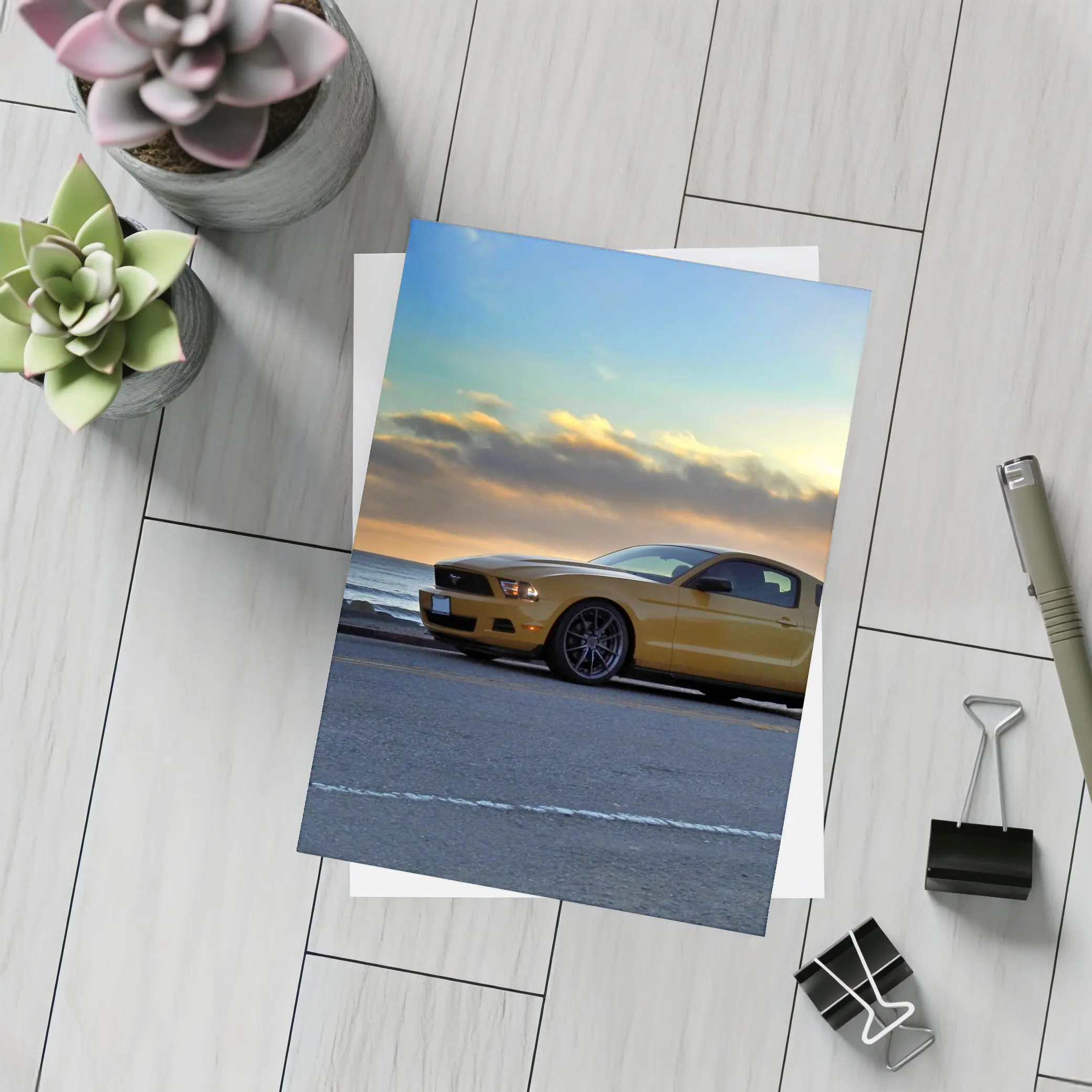 Ford Mustang Gold Coupe Coastal Sunset – Postcards