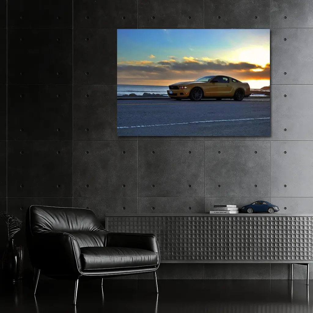 Ford Mustang Gold Coupe Coastal Sunset – Wall Art