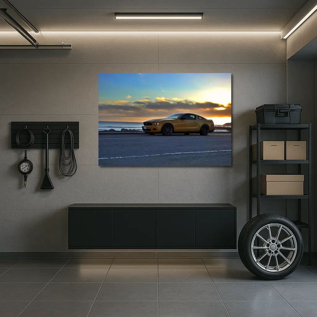 Ford Mustang Gold Coupe Coastal Sunset – Wall Art