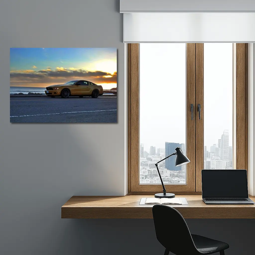 Ford Mustang Gold Coupe Coastal Sunset – Wall Art