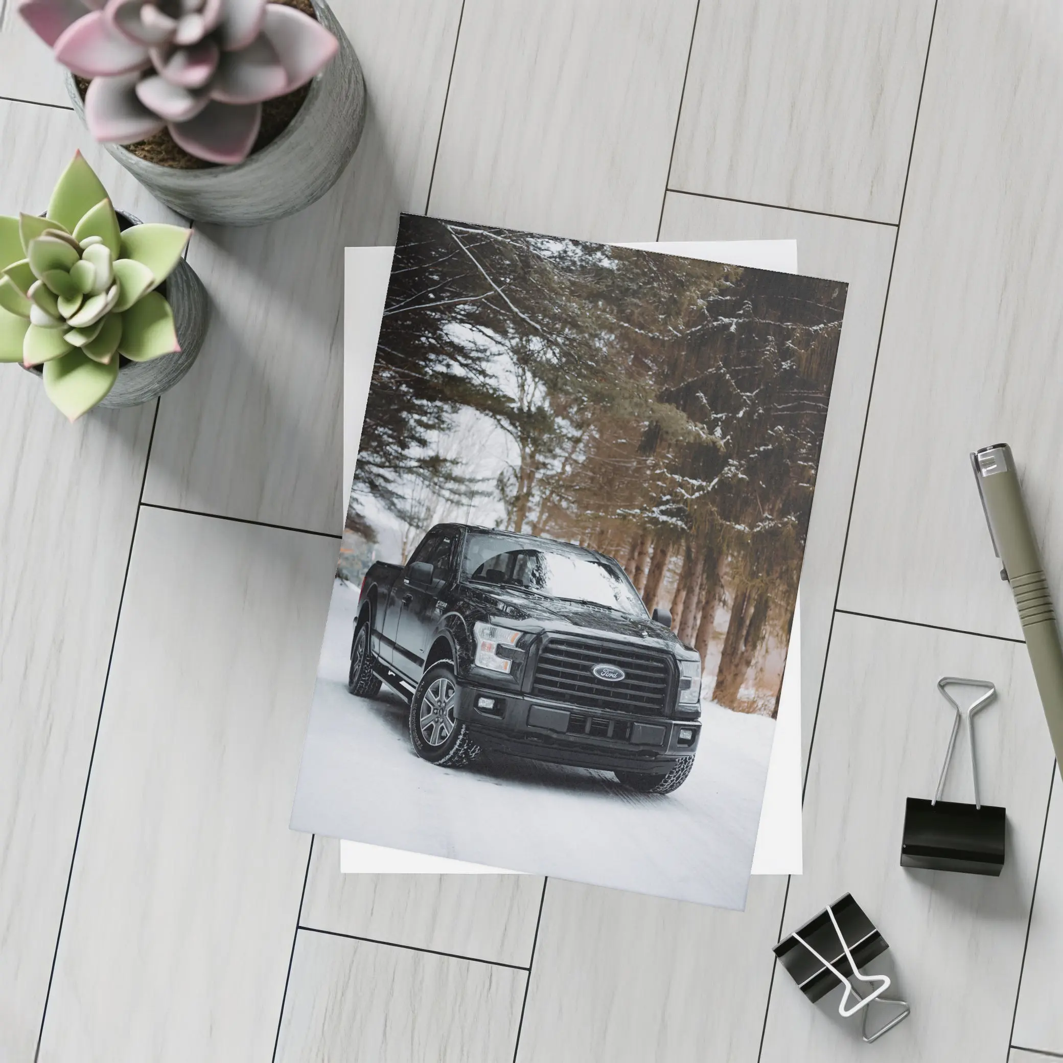 Ford F-Series Black Truck Snowy Forest – Postcards