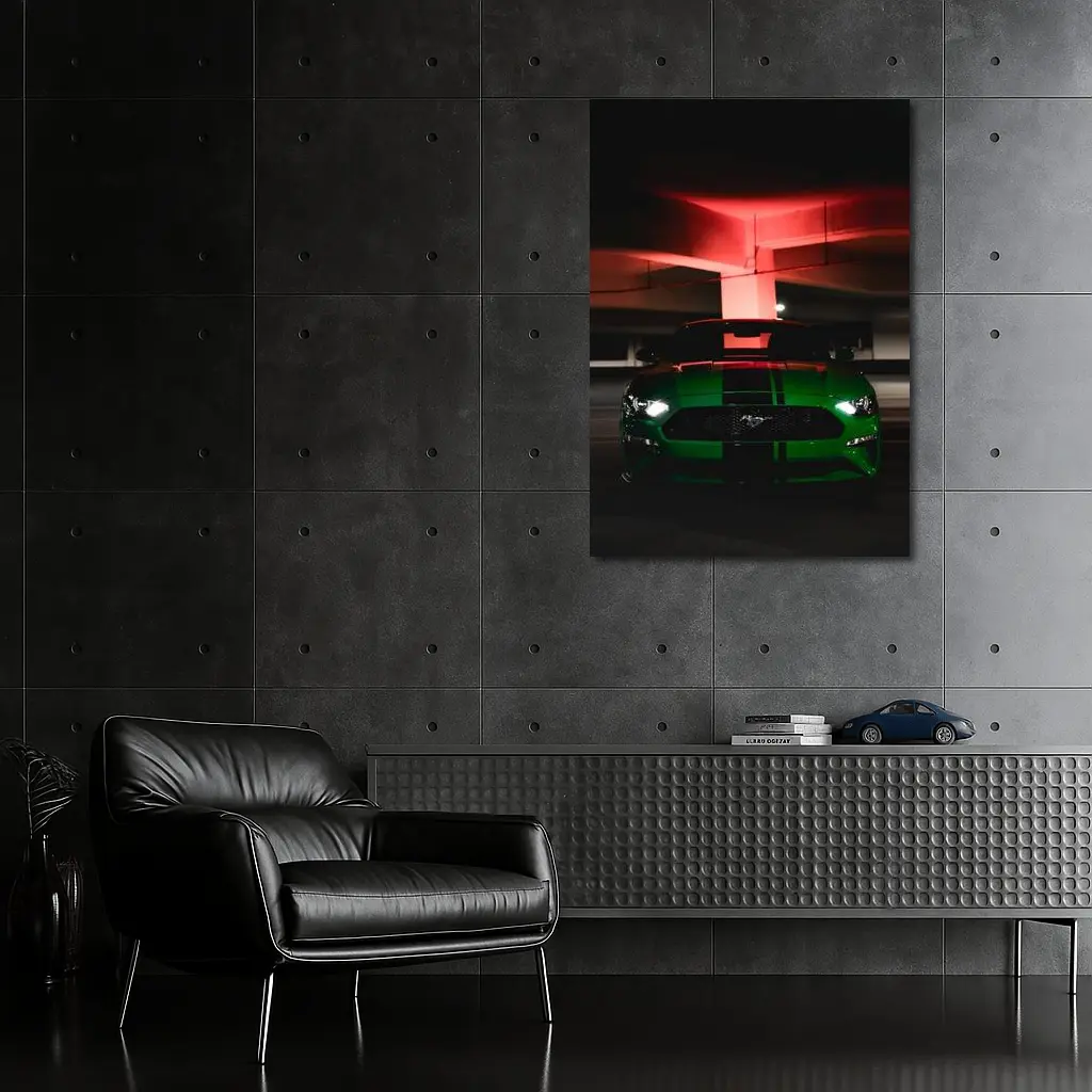 Ford Mustang Green Muscle Car Dark Garage – Wall Art