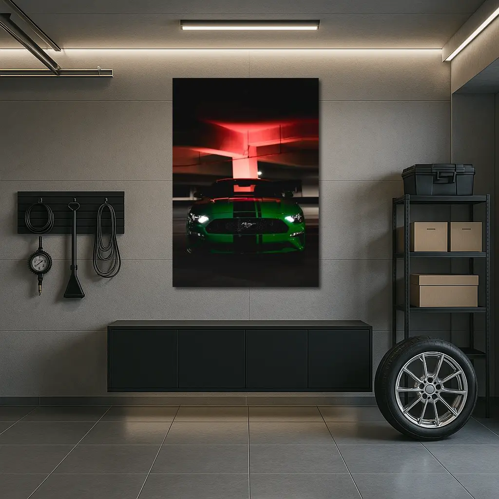 Ford Mustang Green Muscle Car Dark Garage – Wall Art