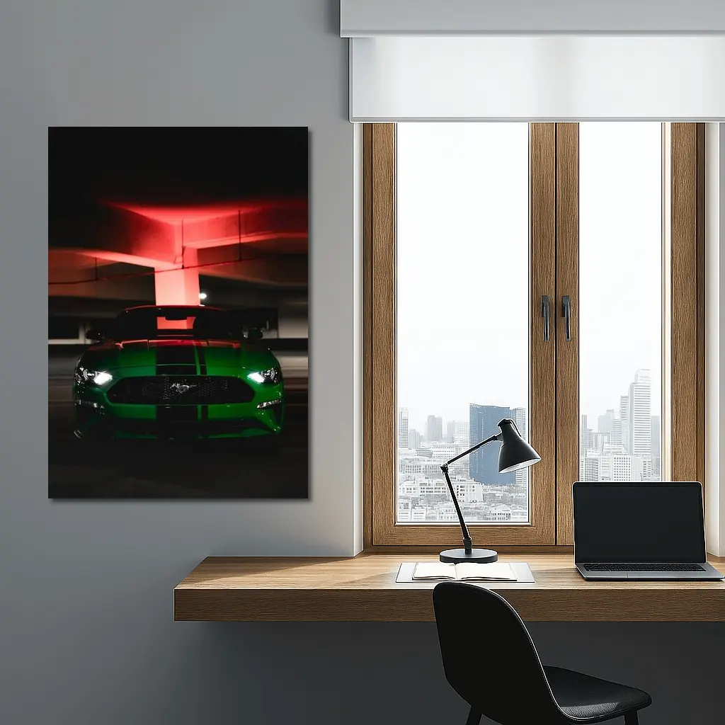Ford Mustang Green Muscle Car Dark Garage – Wall Art