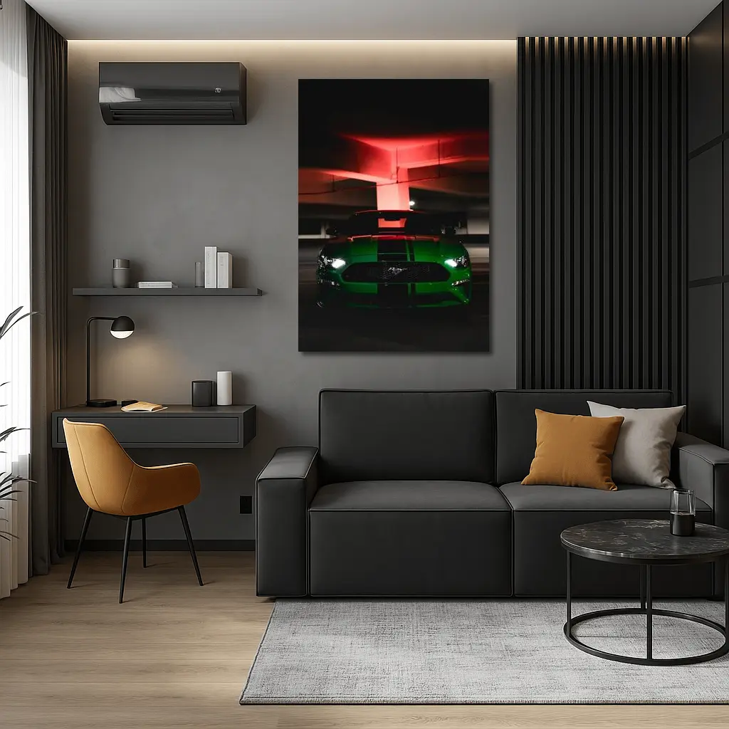 Ford Mustang Green Muscle Car Dark Garage – Wall Art
