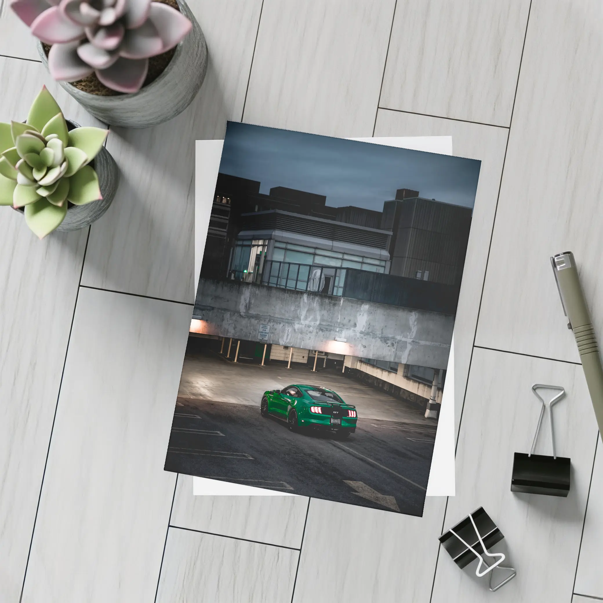 Green Ford Mustang GT Dark Parking Lot – Postcards