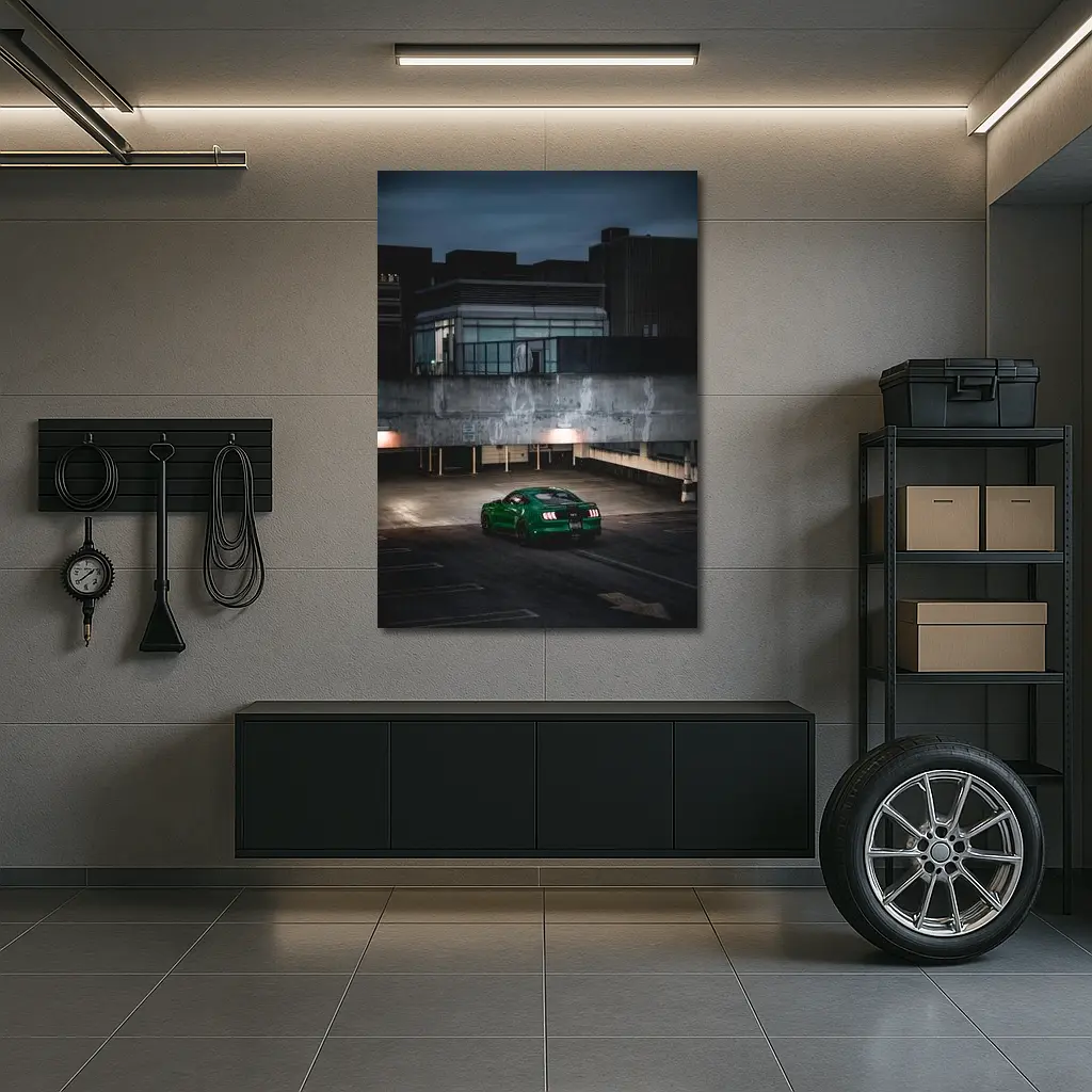Green Ford Mustang GT Dark Parking Lot – Wall Art