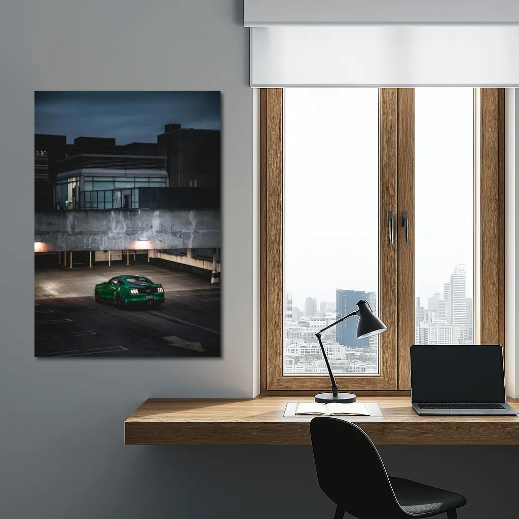 Green Ford Mustang GT Dark Parking Lot – Wall Art