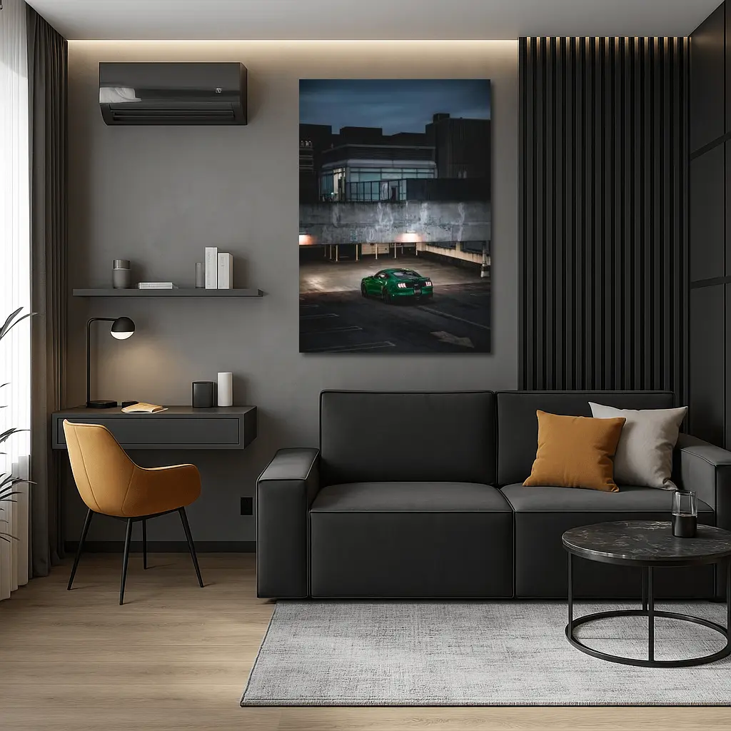 Green Ford Mustang GT Dark Parking Lot – Wall Art
