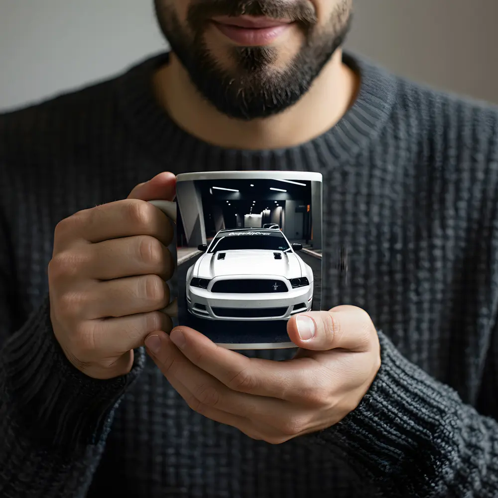 White Ford Mustang Boss Parking Garage Night – Mugs