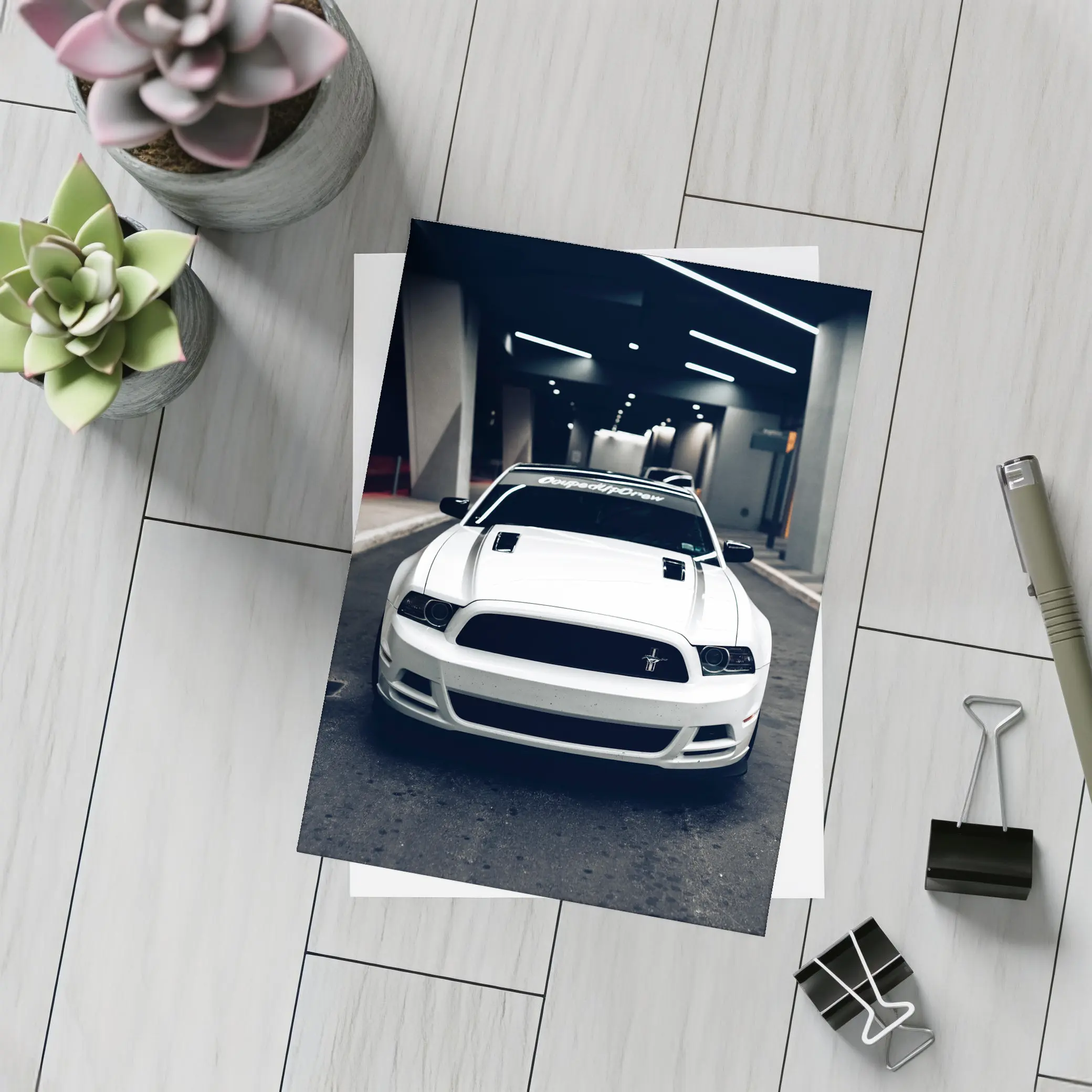 White Ford Mustang Boss Parking Garage Night – Postcards
