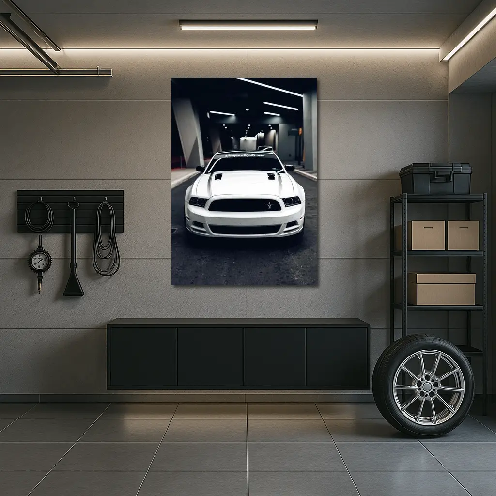 White Ford Mustang Boss Parking Garage Night – Wall Art