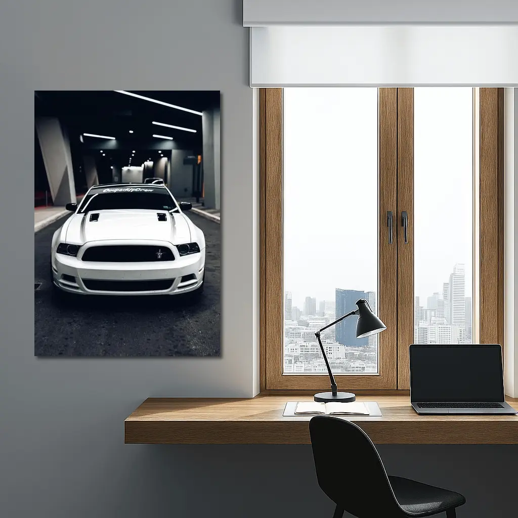 White Ford Mustang Boss Parking Garage Night – Wall Art