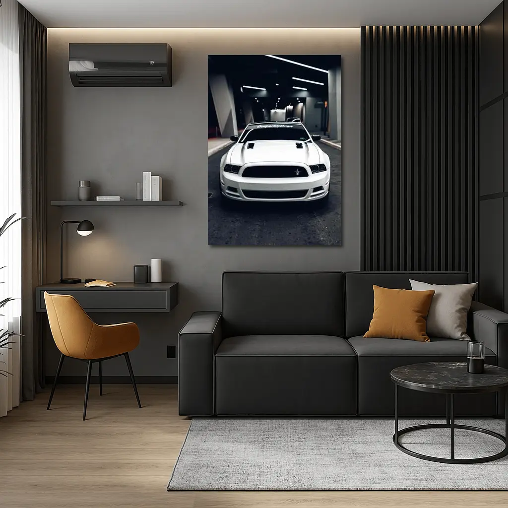 White Ford Mustang Boss Parking Garage Night – Wall Art