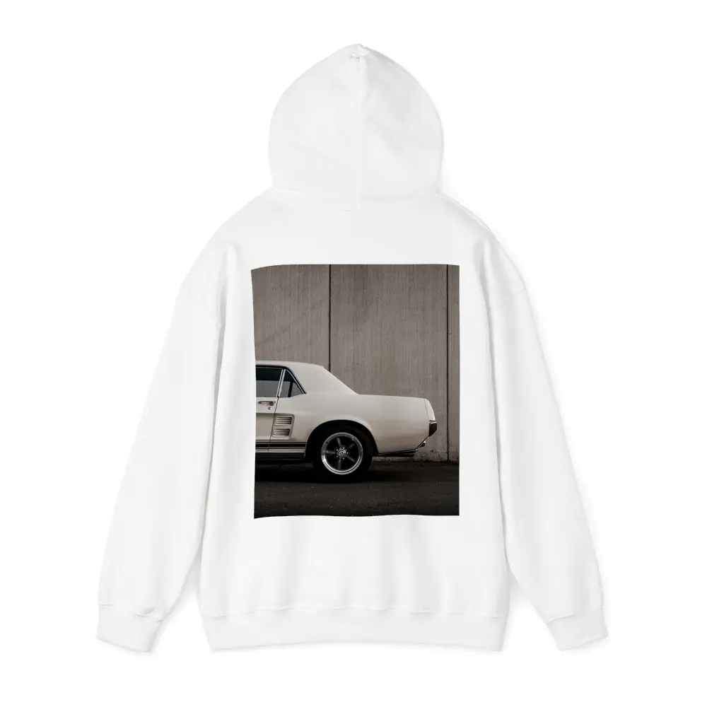 Classic Ford Mustang White Against Concrete Wall – Hoodies