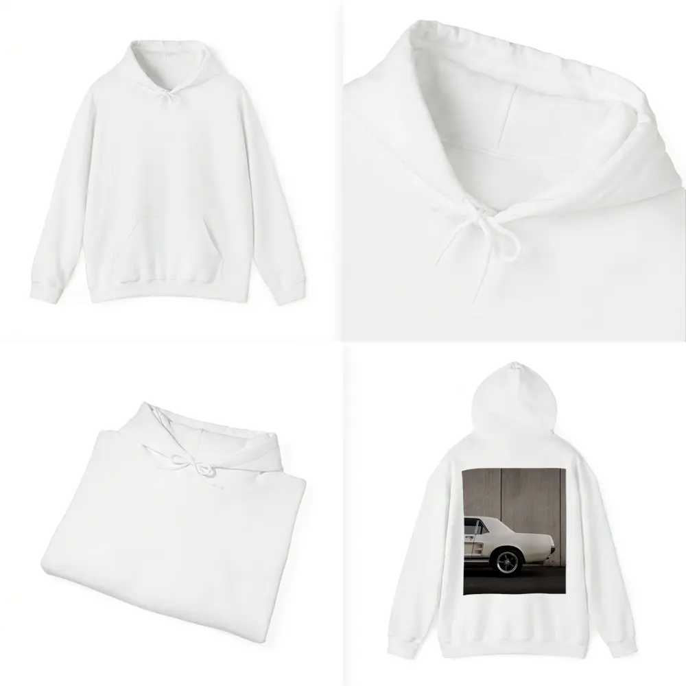 Classic Ford Mustang White Against Concrete Wall – Hoodies