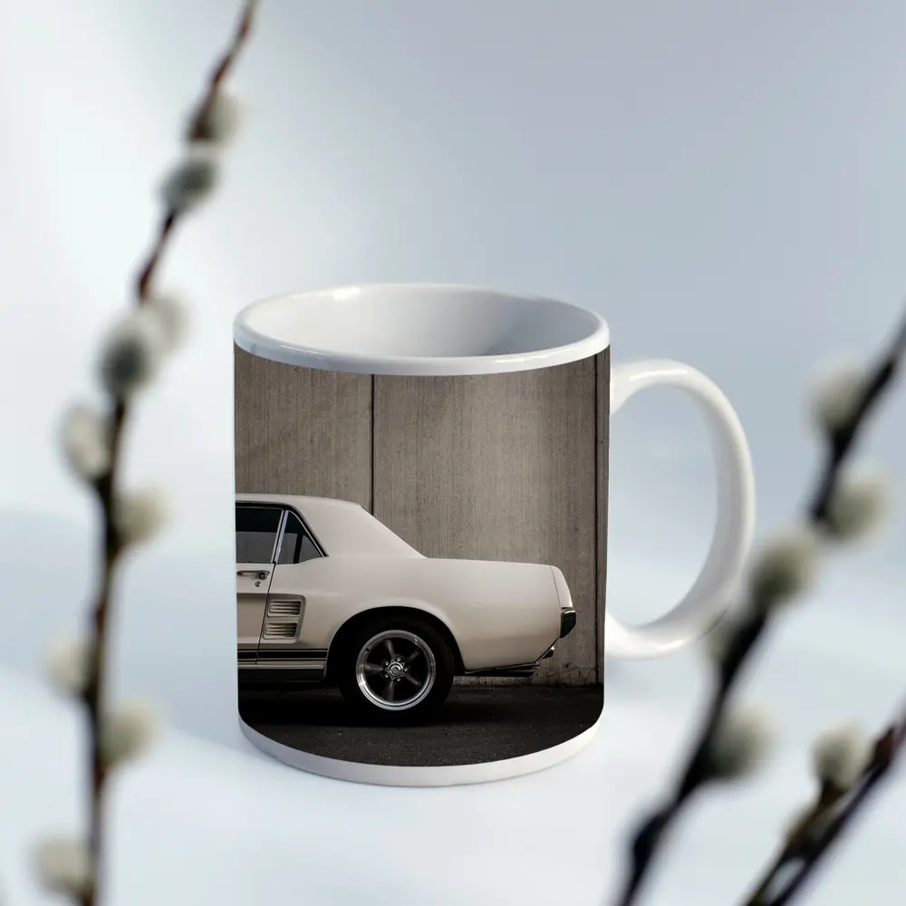 Classic Ford Mustang White Against Concrete Wall – Mugs