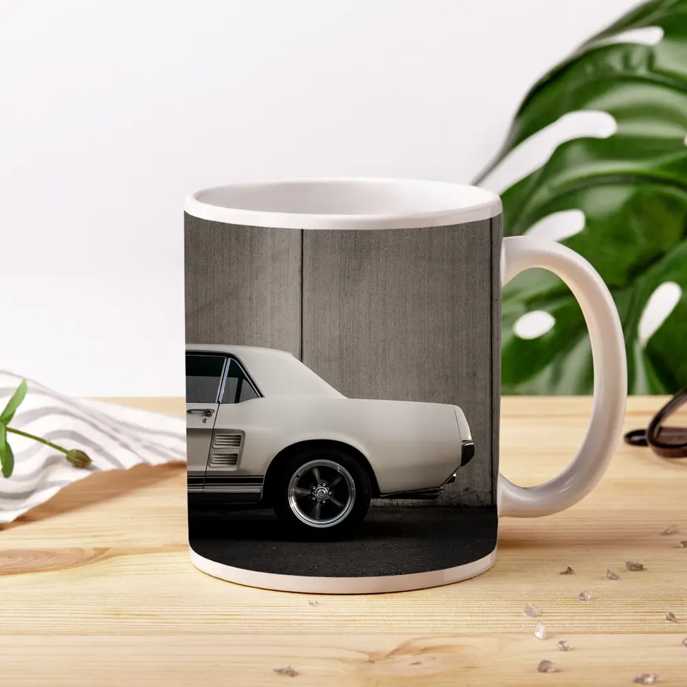 Classic Ford Mustang White Against Concrete Wall – Mugs