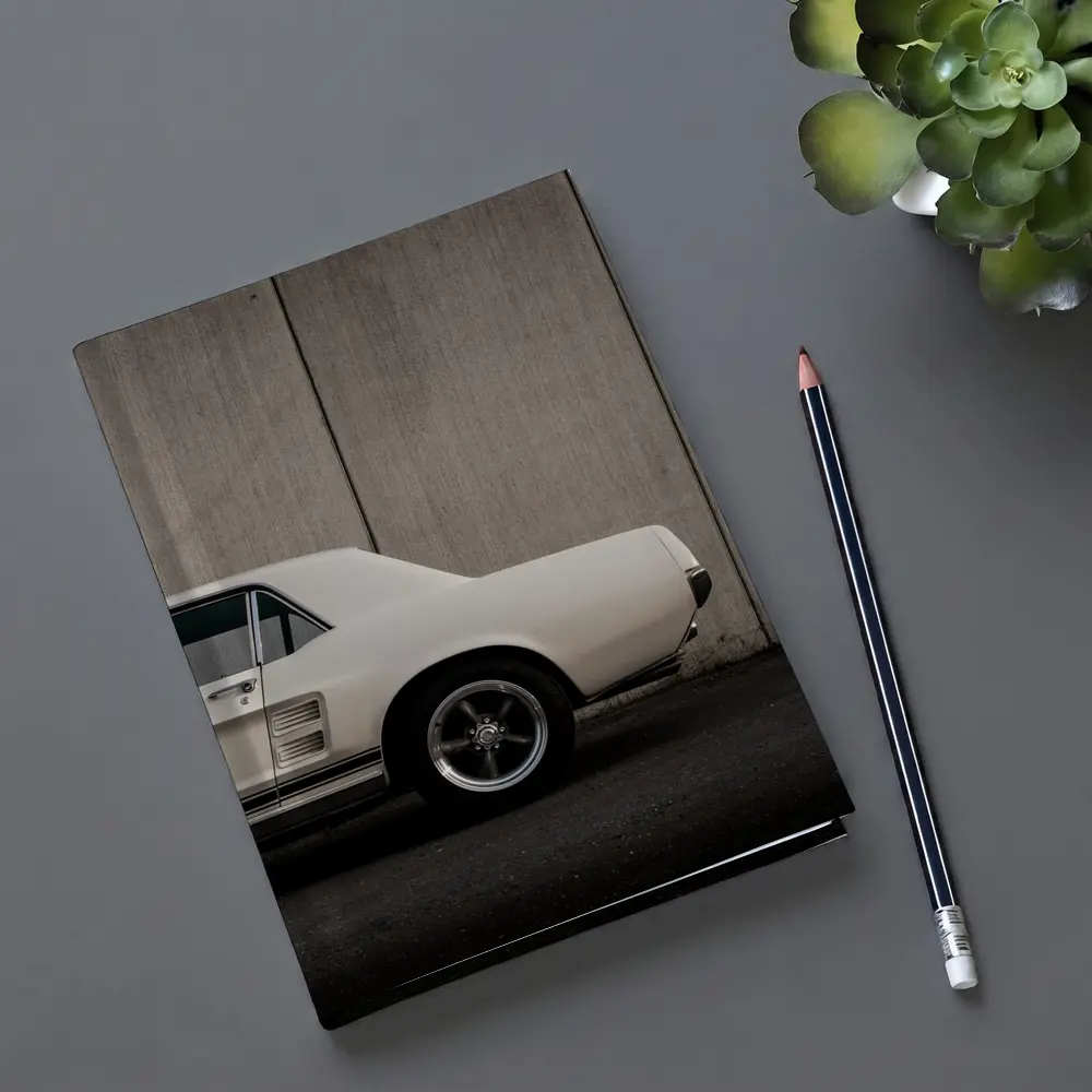 Classic Ford Mustang White Against Concrete Wall – Notebooks
