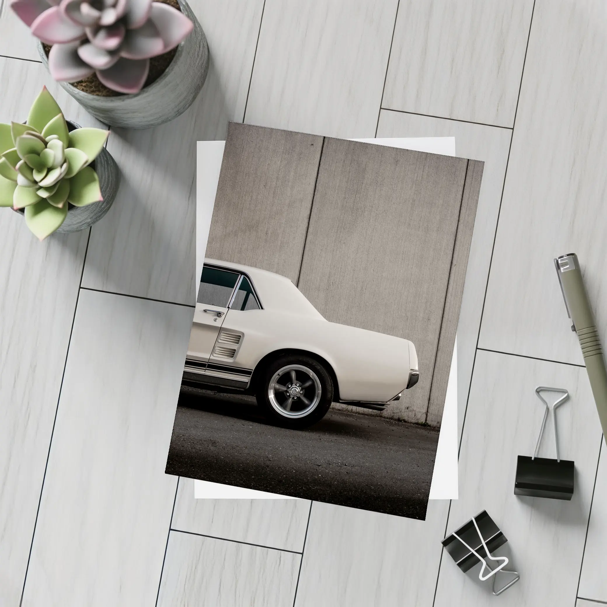 Classic Ford Mustang White Against Concrete Wall – Postcards
