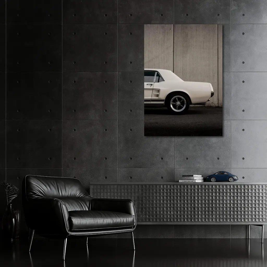Classic Ford Mustang White Against Concrete Wall – Wall Art