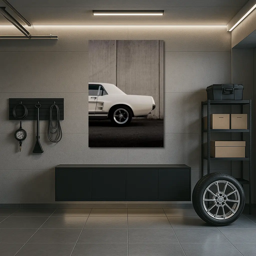 Classic Ford Mustang White Against Concrete Wall – Wall Art