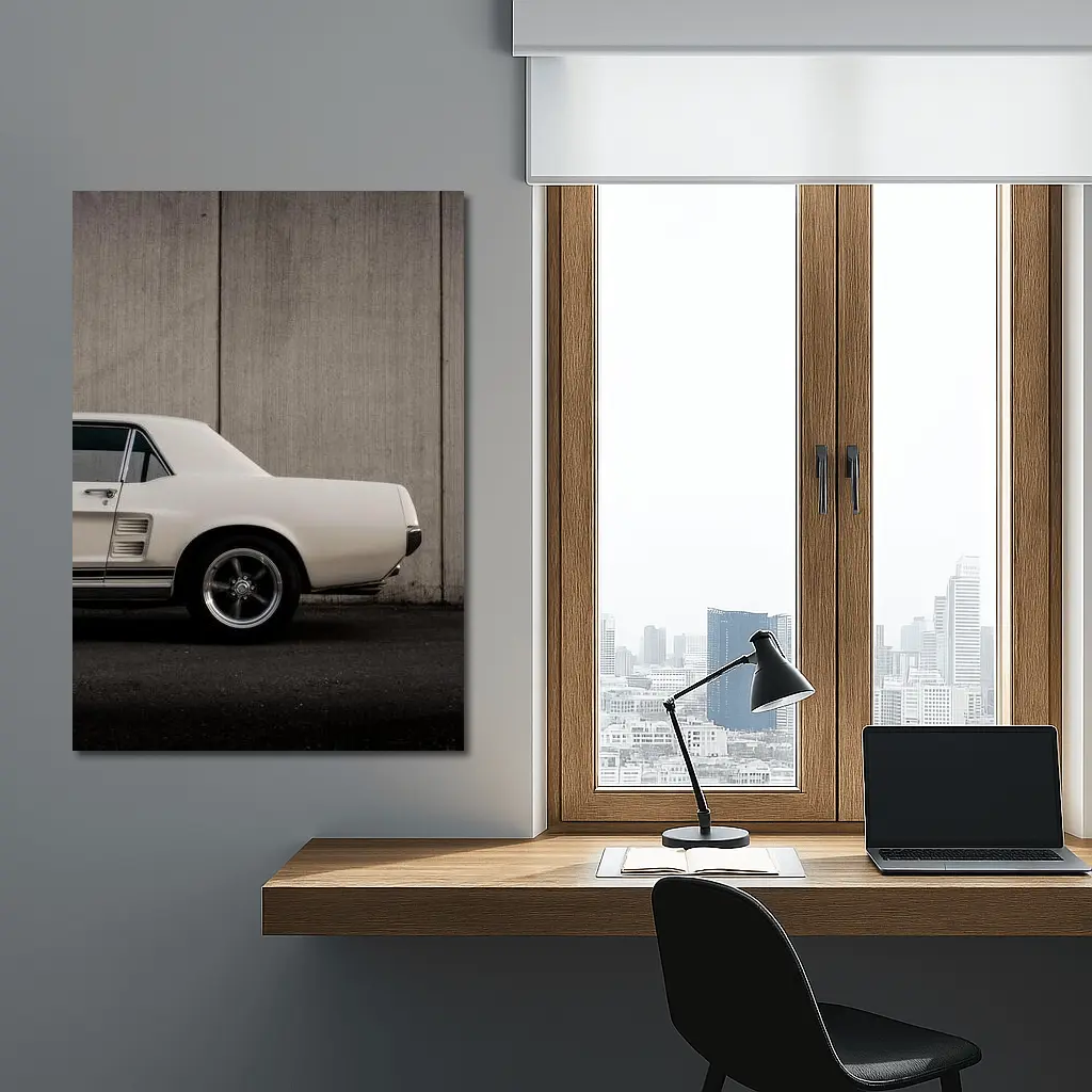 Classic Ford Mustang White Against Concrete Wall – Wall Art