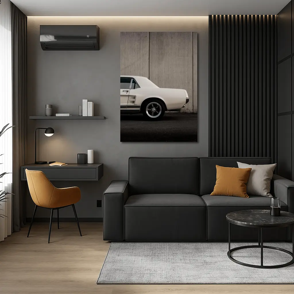 Classic Ford Mustang White Against Concrete Wall – Wall Art
