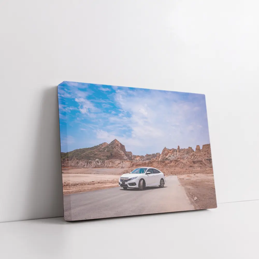 White Honda Civic Rocky Desert Landscape – Wall Art