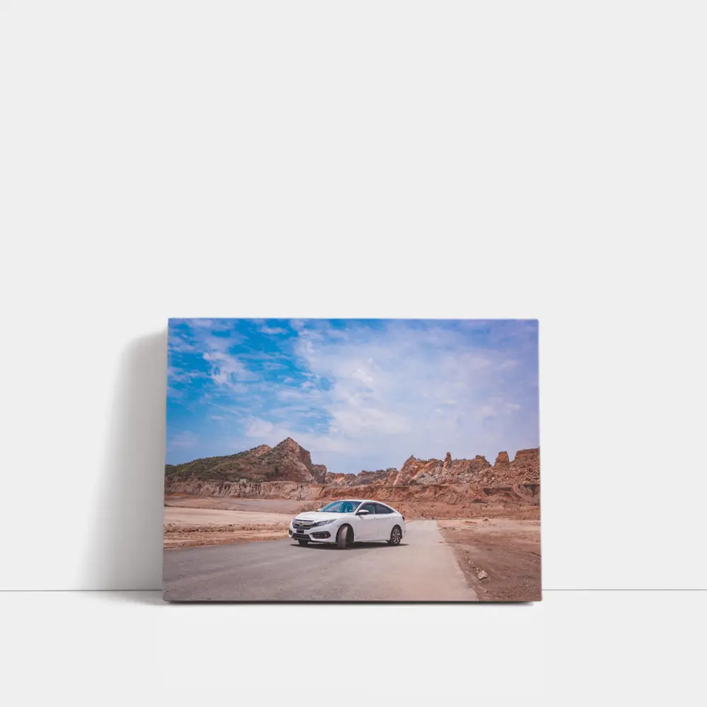 White Honda Civic Rocky Desert Landscape – Wall Art