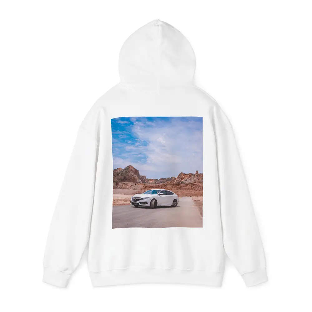 White Honda Civic Rocky Desert Landscape – Hoodies