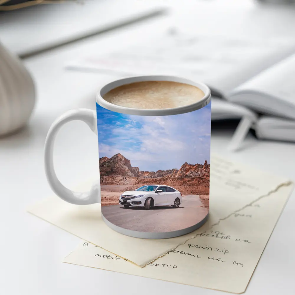 White Honda Civic Rocky Desert Landscape – Mugs