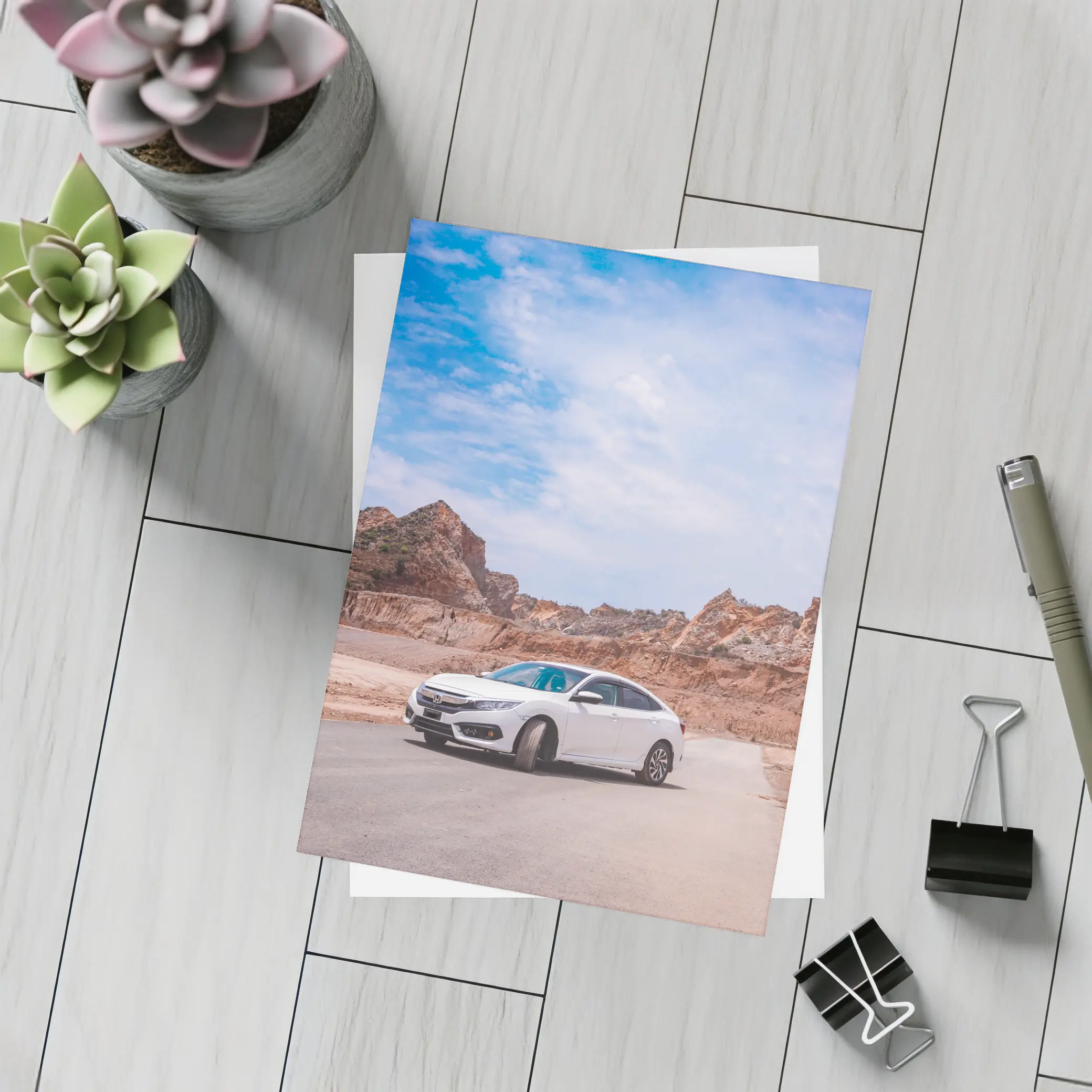 White Honda Civic Rocky Desert Landscape – Postcards