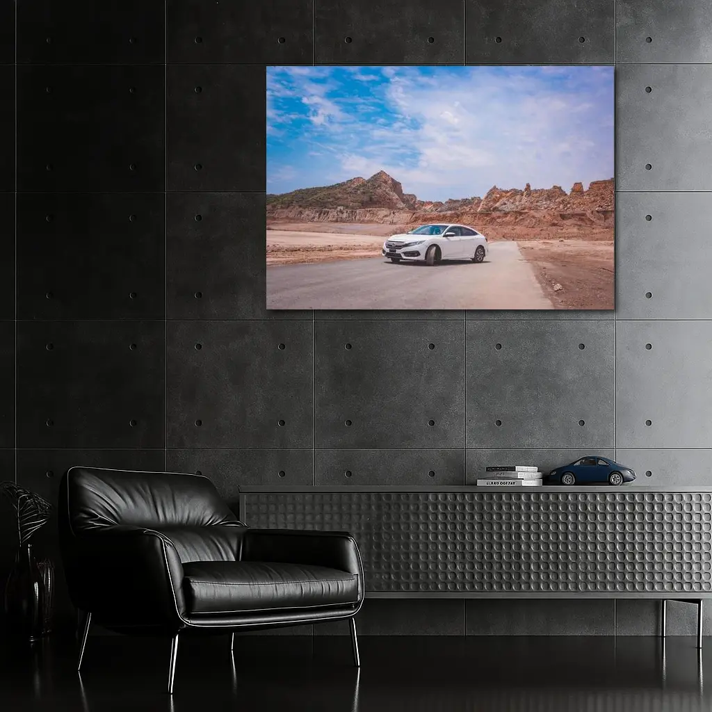 White Honda Civic Rocky Desert Landscape – Wall Art