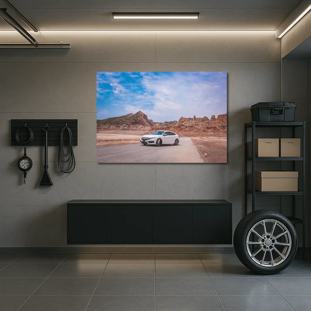 White Honda Civic Rocky Desert Landscape – Wall Art
