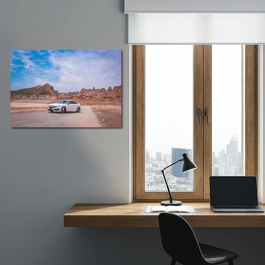 White Honda Civic Rocky Desert Landscape – Wall Art