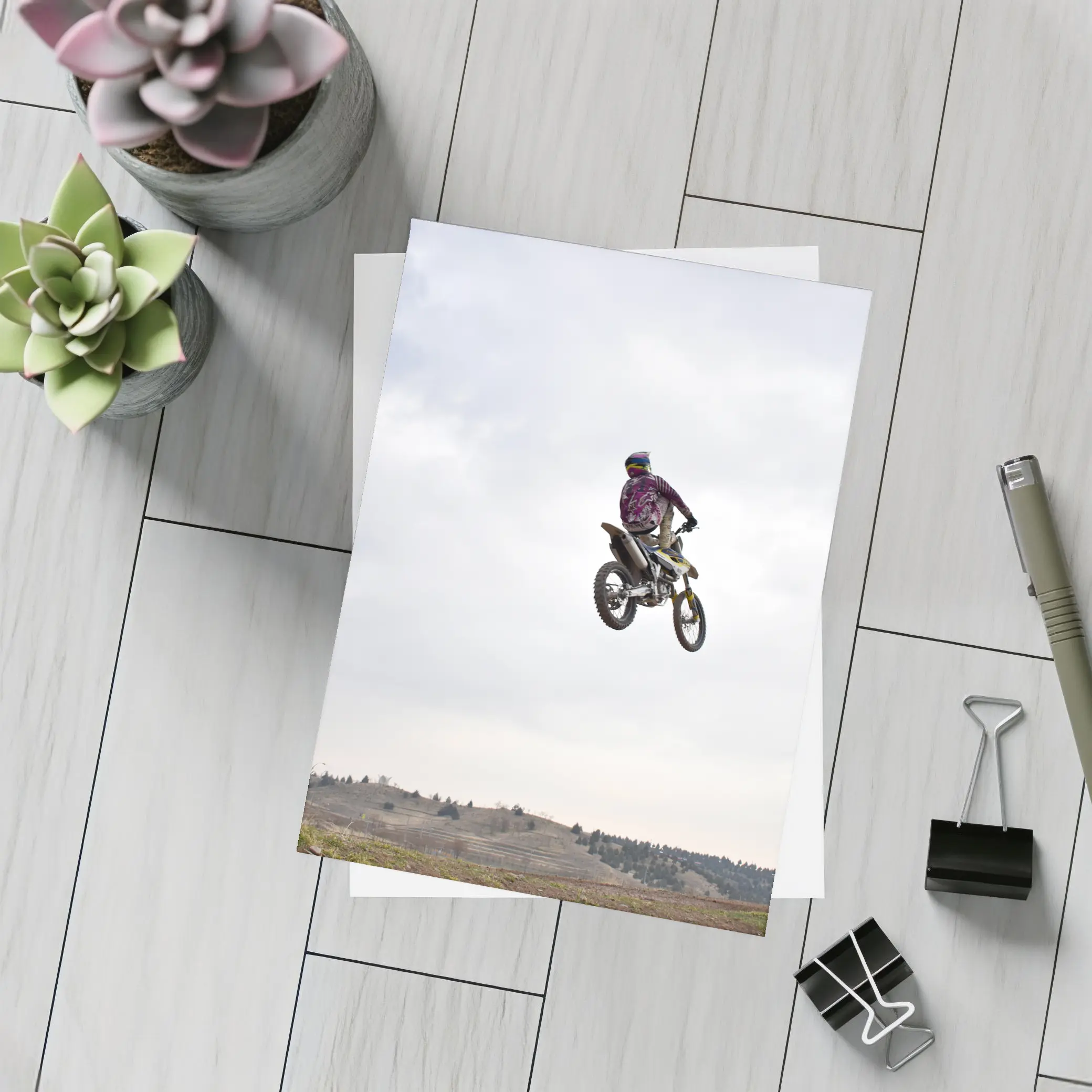 Motocross Rider Big Air Jump Cloudy Sky – Postcards