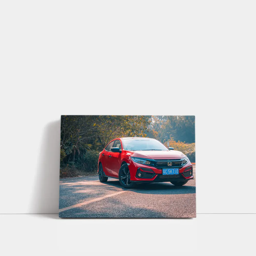 Red Honda Civic Hatchback on Forest Road – Wall Art