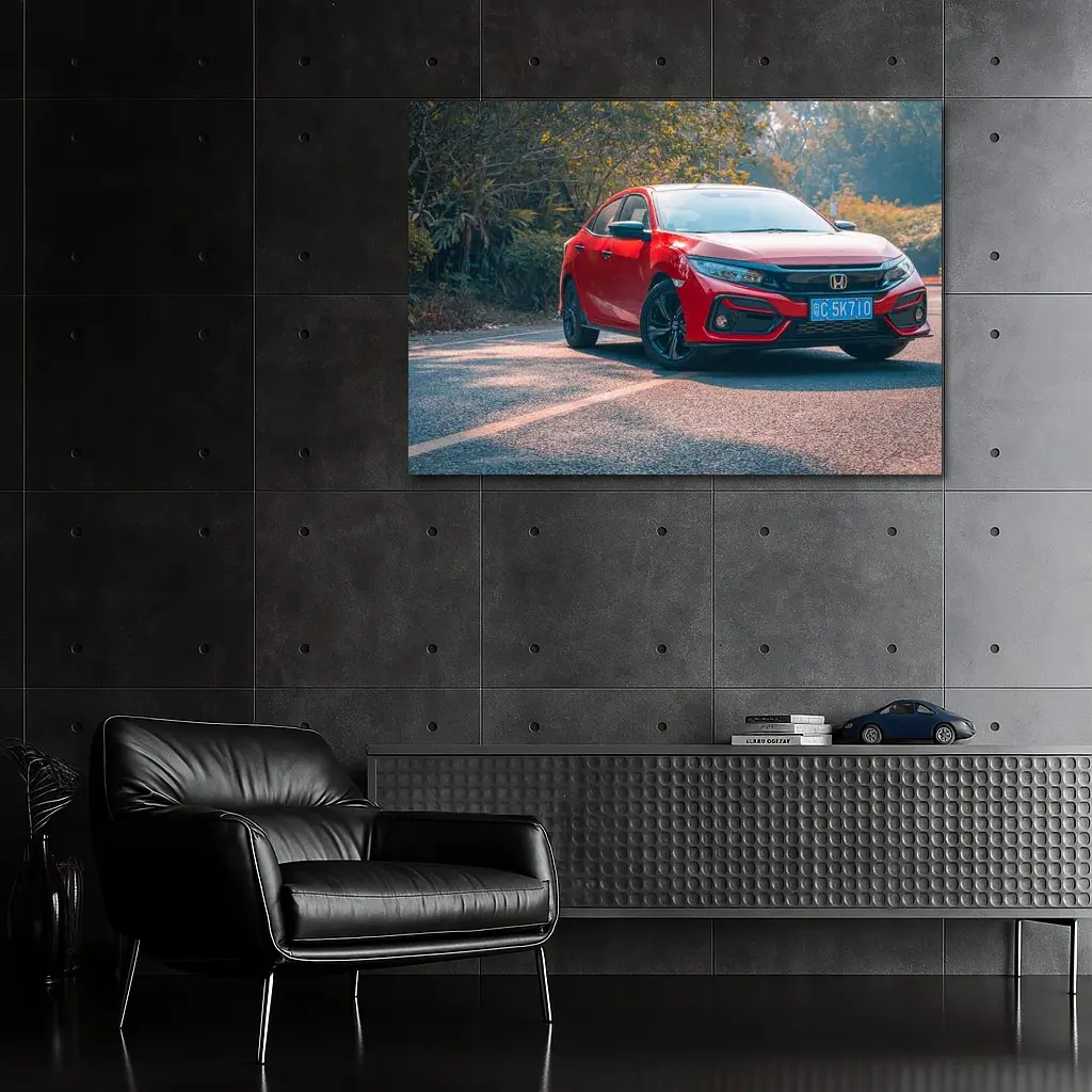Red Honda Civic Hatchback on Forest Road – Wall Art