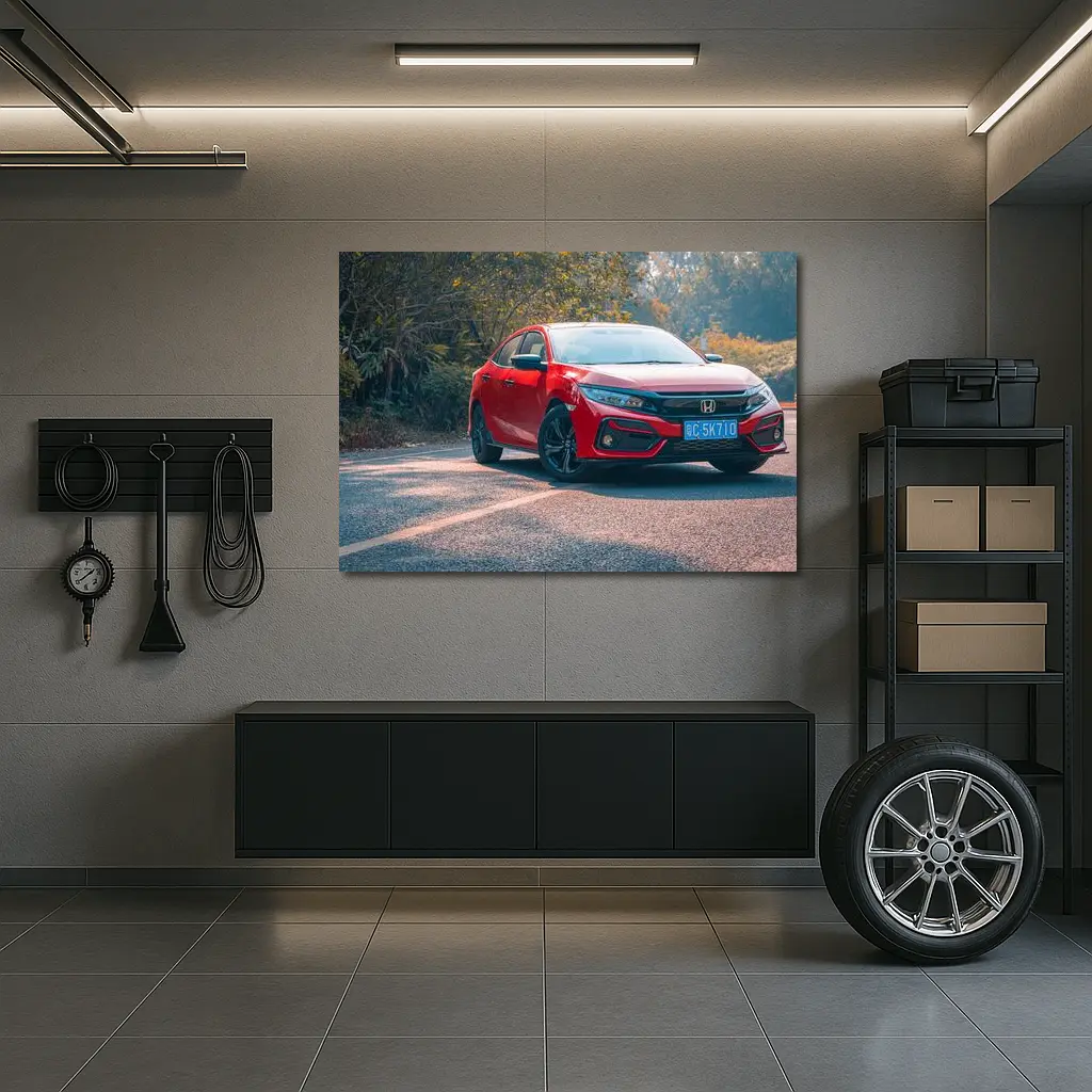 Red Honda Civic Hatchback on Forest Road – Wall Art