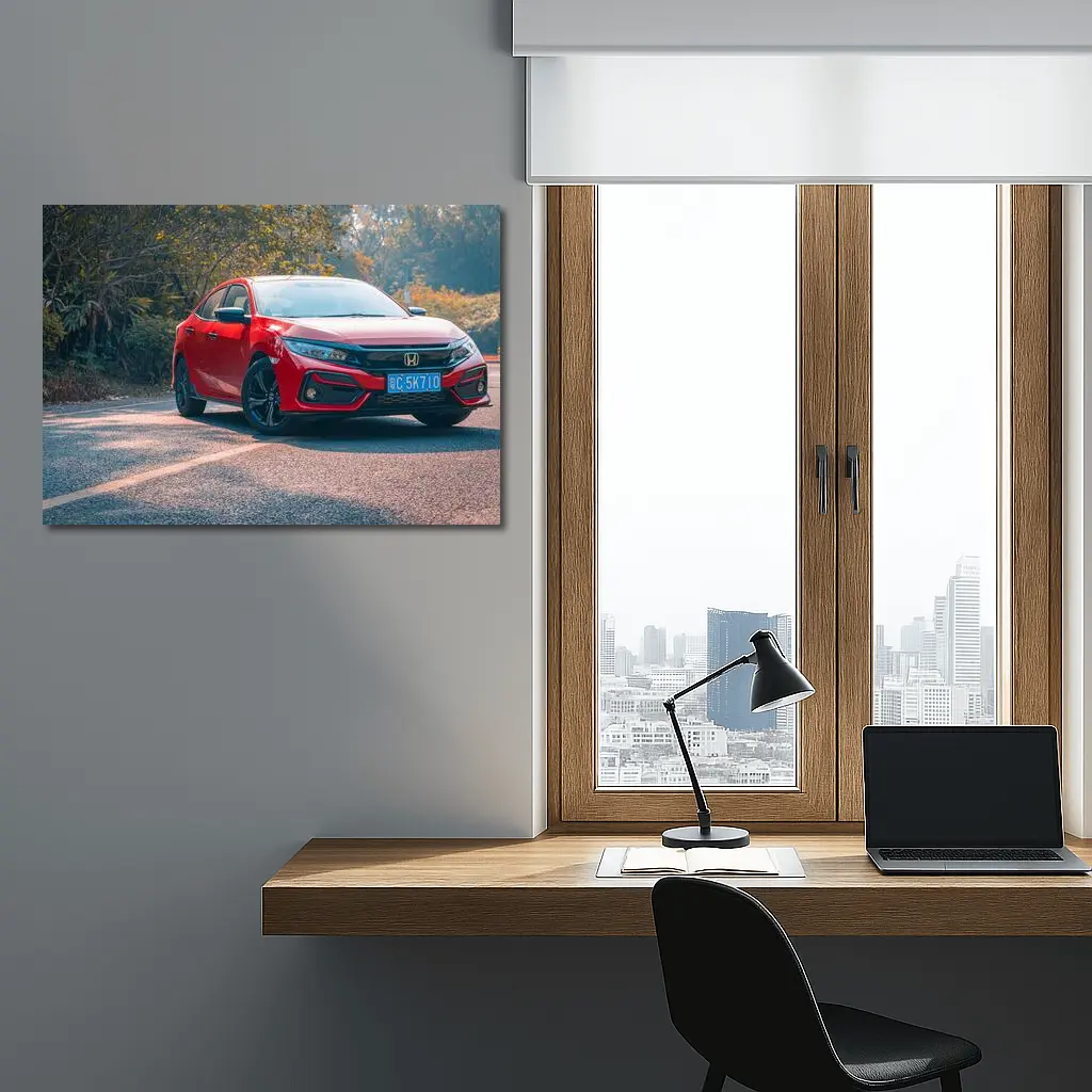 Red Honda Civic Hatchback on Forest Road – Wall Art
