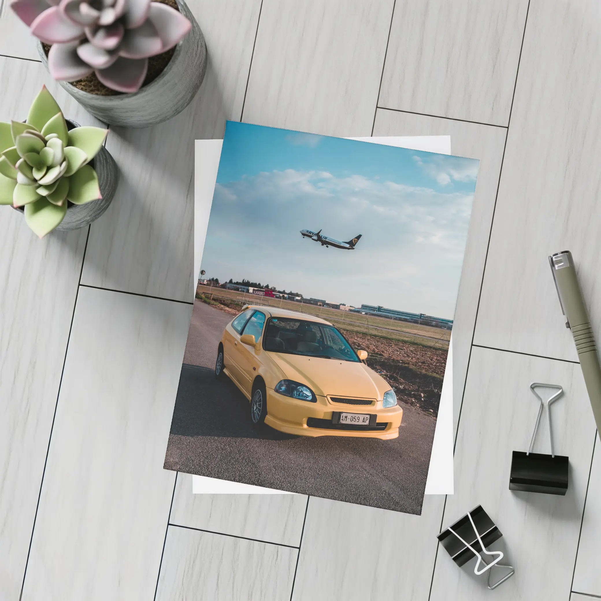 Yellow Honda Civic EK Hatchback Airport – Postcards