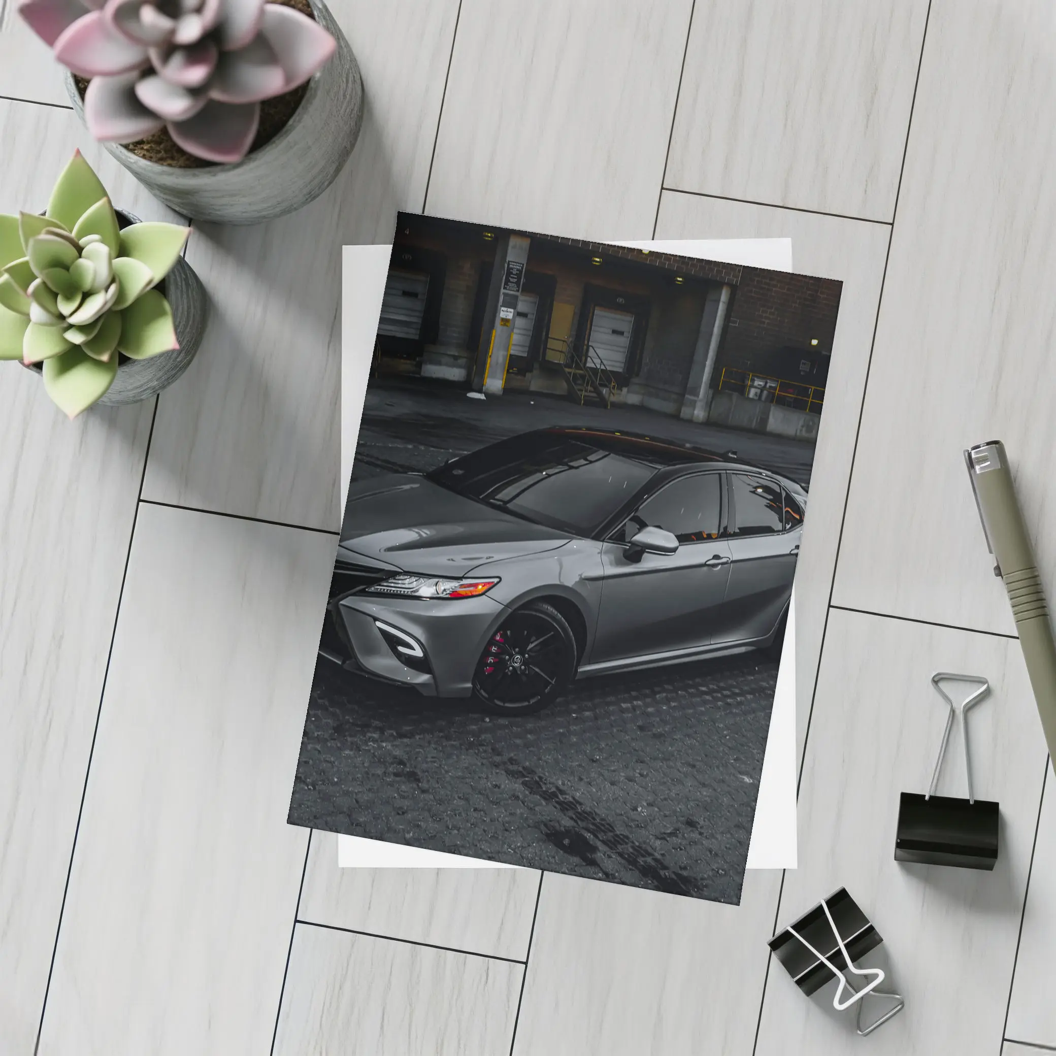 Toyota Camry Silver Sedan Dark Urban Setting – Postcards