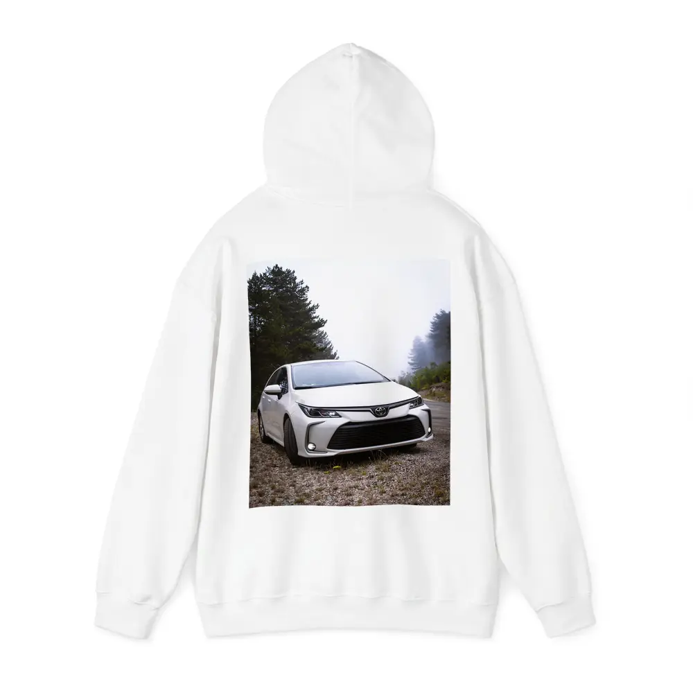 Toyota Corolla White Sedan Misty Forest Road – Hoodies