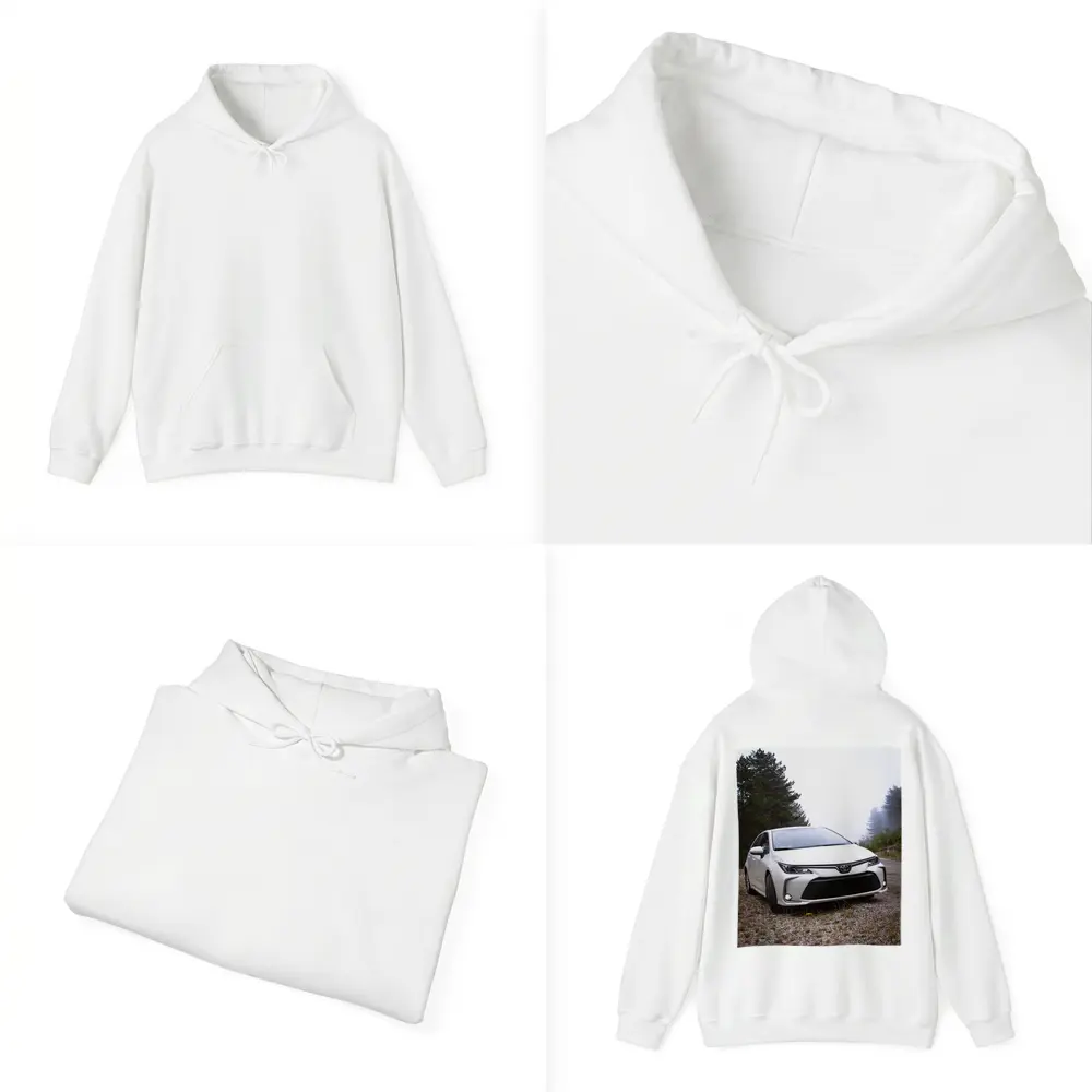 Toyota Corolla White Sedan Misty Forest Road – Hoodies