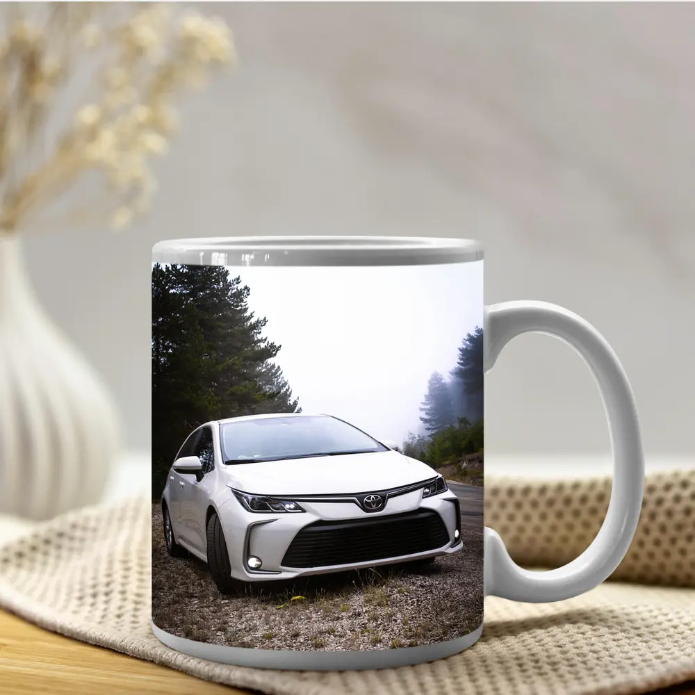 Toyota Corolla White Sedan Misty Forest Road – Mugs