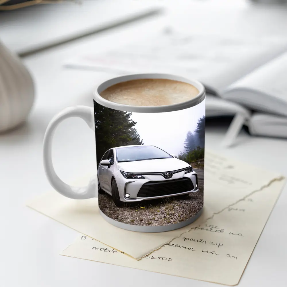 Toyota Corolla White Sedan Misty Forest Road – Mugs